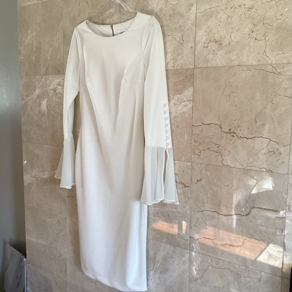 Calvin Klein Shift Dress - 2 - White Bell Sleeve, Classic Holiday Party Bridal - Picture 16 of 16